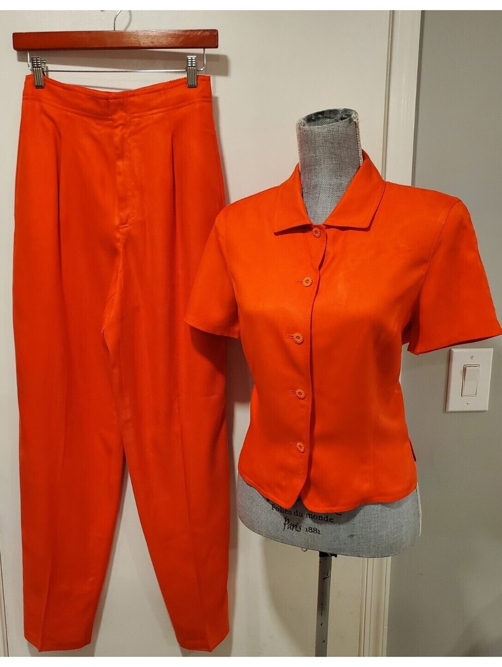 Dana B & Karen Red Silk Shirt Jacket (Sz 12) High Waisted Pants (Sz 8) Suit Set
